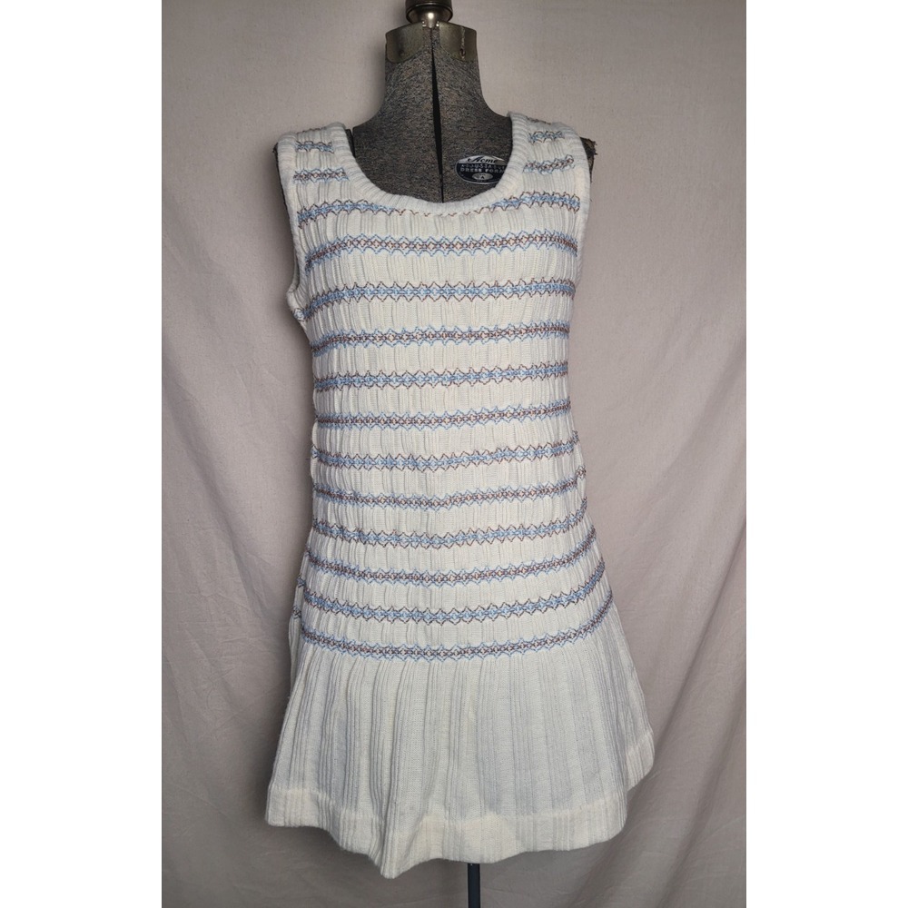 Vintage 50s 60s Knit Sweater White Tank Dress Ruffle Hem Blue Brown Mod Size M